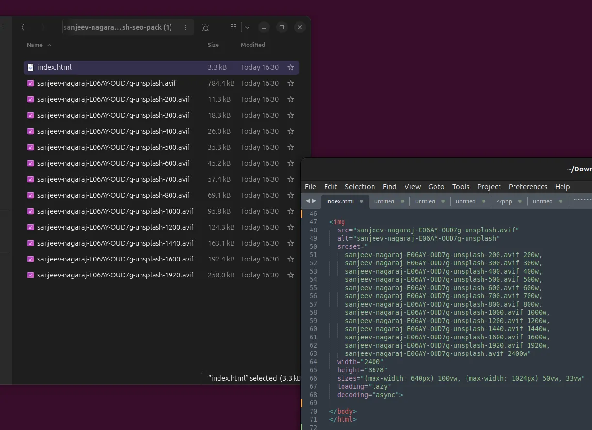 Responsive image example served via srcset — the browser downloads the size that fits the screen